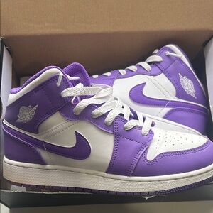 Nike Air Jordan 1 Mid White and Purple Basketball Shoes